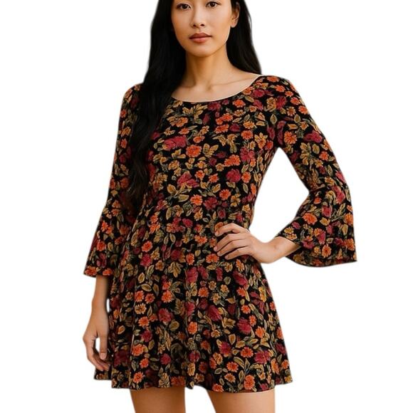 H&M Divided Y2K Floral Mini Dress Bell Sleeves Drop Waist Size 4 Vintage Retro - Picture 3 of 15